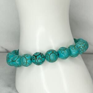 Faux Turquoise Carved Bubble Beaded Stretch Bracelet